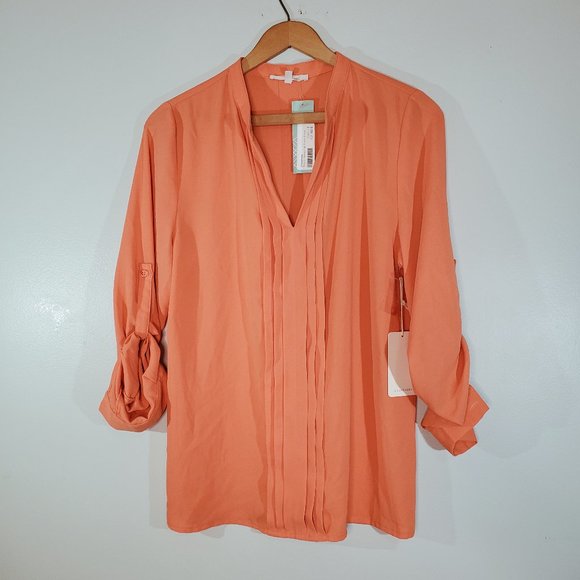 41 Hawthorne Breyson Pleated Tab-Sleeve Coral Orange Blouse S - Picture 1 of 12